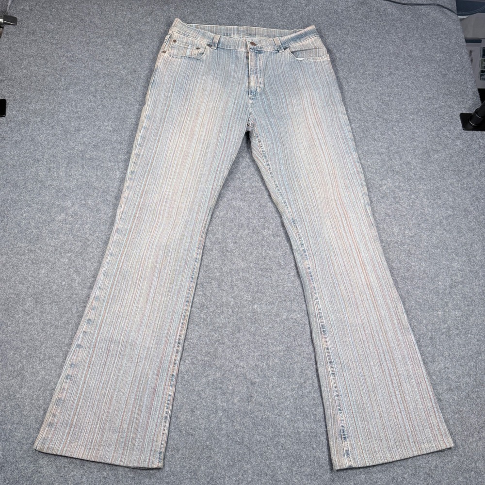 VTG United Colors of Benetton Striped Flare Jeans Blue Red Tan Multi-Color 29x30